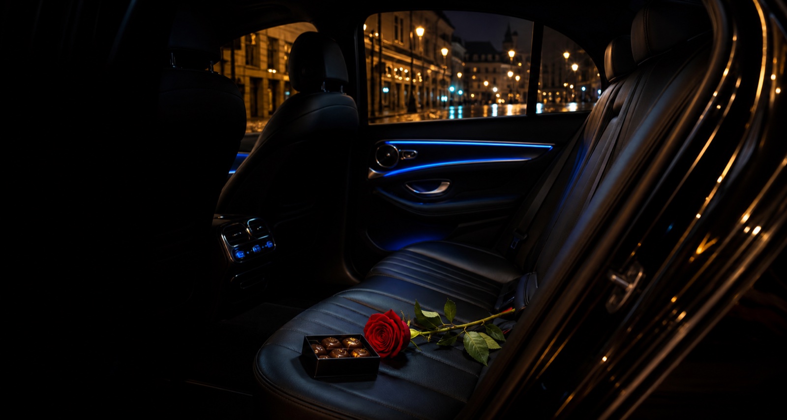 Rose rouge et chocolats dans la berline premium